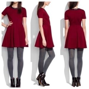 Madewell Leather trim neck skater burgundy dress